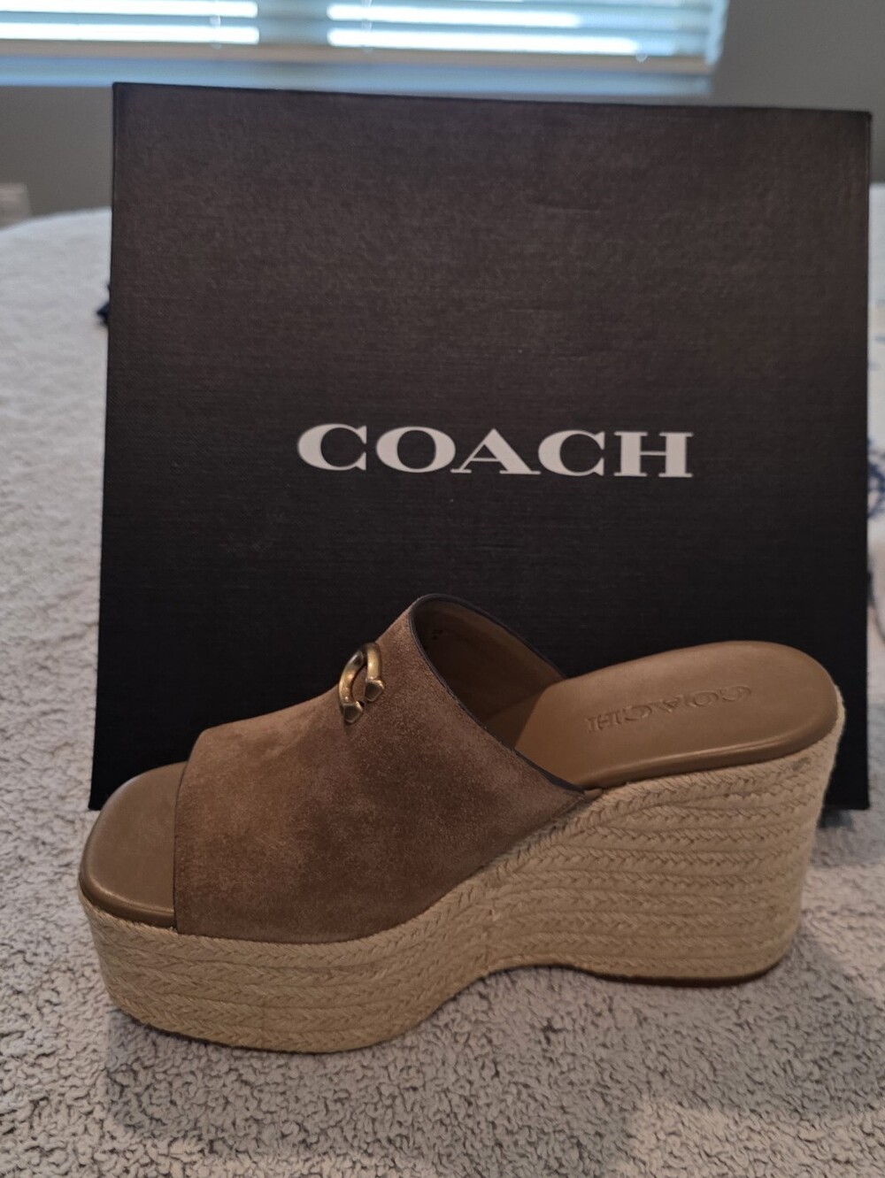 Coach Brown Suede Espadrille Wedge Slide with Gold Accent